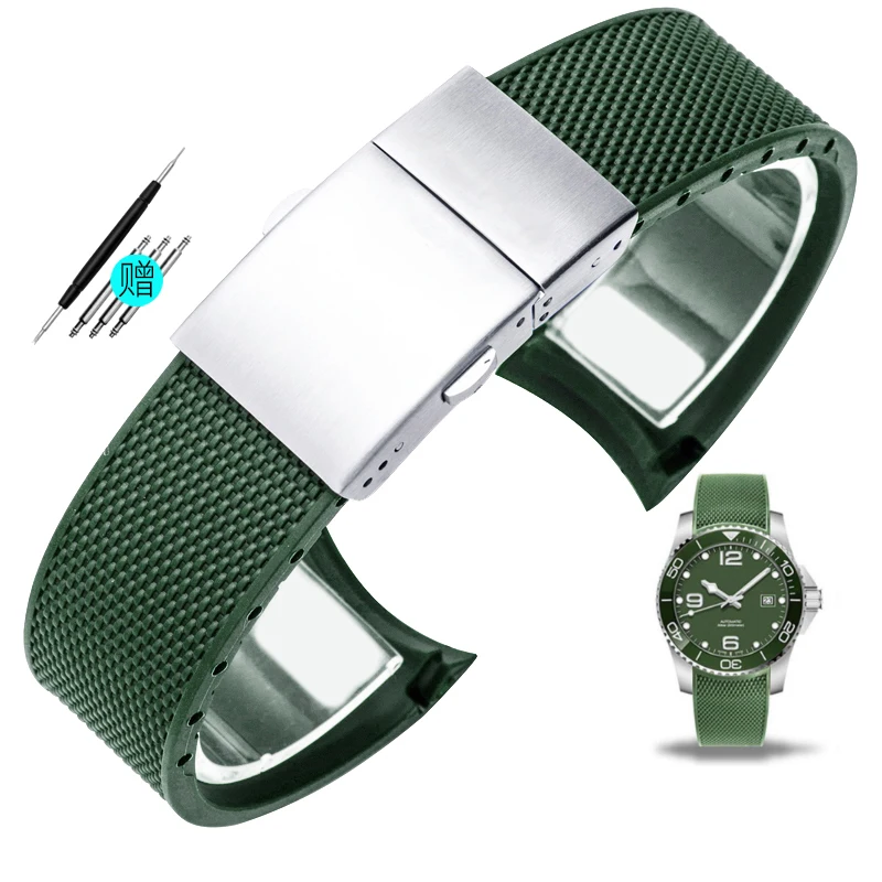 thumbnail image 1 of Correa de reloj de caucho con extremo curvado de 21 mm para Longines Conquest Silicone L3.742.4 642 781 782 Style Bracelet Fold-over Buckle Watchband, 1 of 5