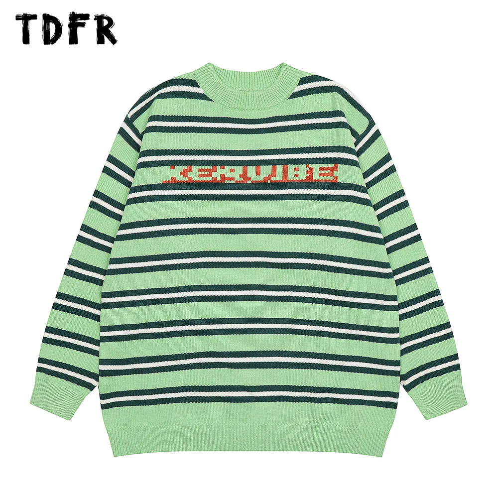 

Contrast Paneled Striped Sweater Mens Letter Jacquard Autumn Winter Casual Crew Neck Knitted Pullover Men