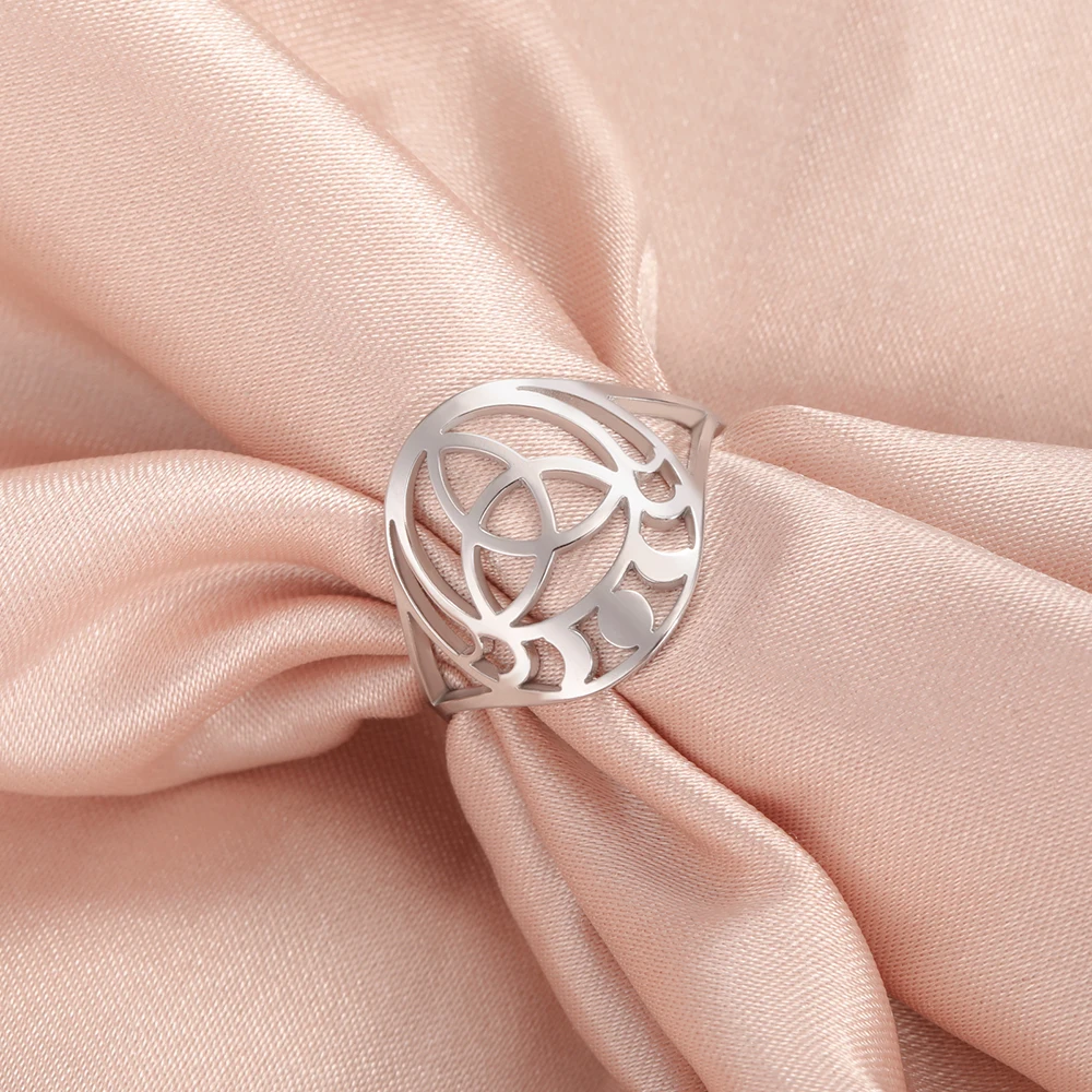 Dawapara Triquetra Trinity Knot Ring Celtics Knot Mondphase Mondsymbol Geometrischer Ausschnitt Edelstahl Wicca Fingerring – Detail 16