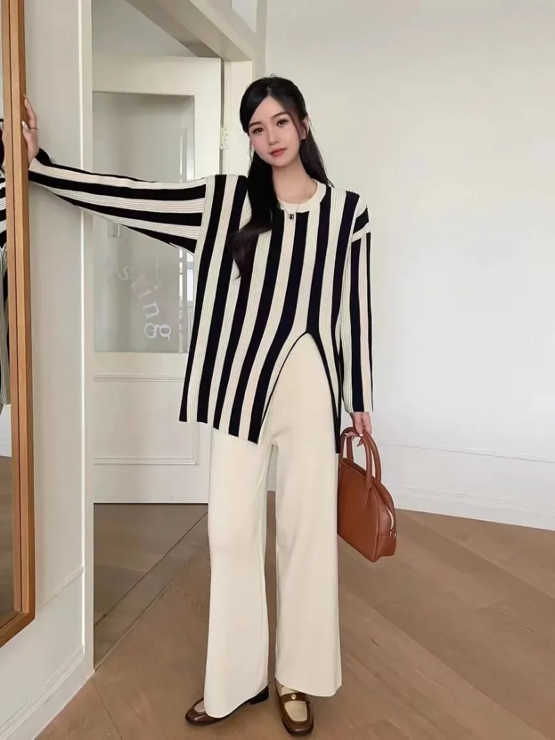 Striped Knitwear Fashion 2 Piece-Set For Women Contrast Long Sleeve Split Straight Trousers Outfits Women's Pants Sets