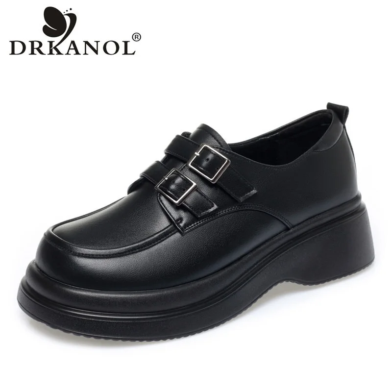 

DRKANOL British Style Women Loafers Spring Autumn Slip-On Platform Loafers Wedges Split Leather Round Toe Comfort Women Shoes