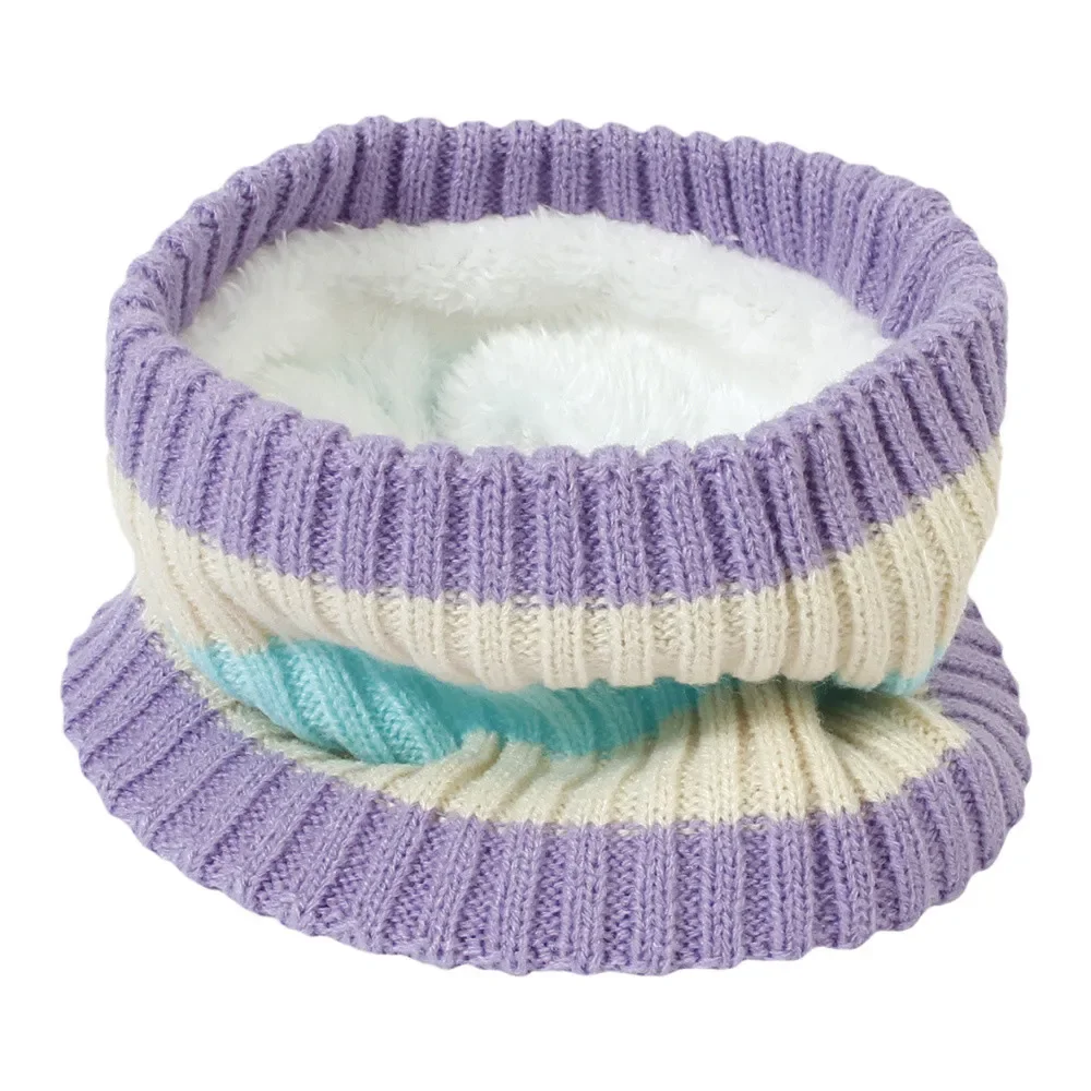 Baby Kid Stripe & Solid Hat Scarf 2 Piece Set Boy Girl Soft Knit Cap And Plush Ring Scarves Child Winter Outdoor Warm Wear 0-8T