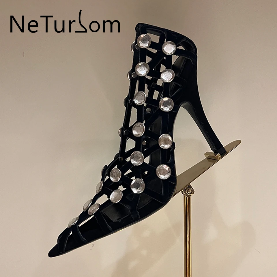 

2023 New Designer Luxury Rhinestone Genuine Leather High Heels Hollow out Pointed Toe Thin Heels Fashion Sexy Party Sandals