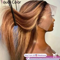 Perruques en cheveux humains lisses et raides 13x4 avec mèches, perruque frontale en dentelle HD transparente 13x6, blond miel brun pré-épilée pour femmes 1