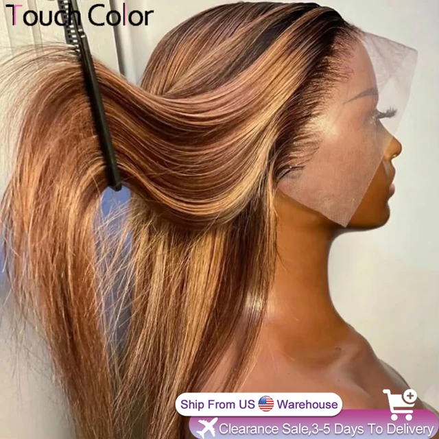 Perruques en cheveux humains lisses et raides 13x4 avec mèches, perruque frontale en dentelle HD transparente 13x6, blond miel brun pré-épilée pour femmes 1