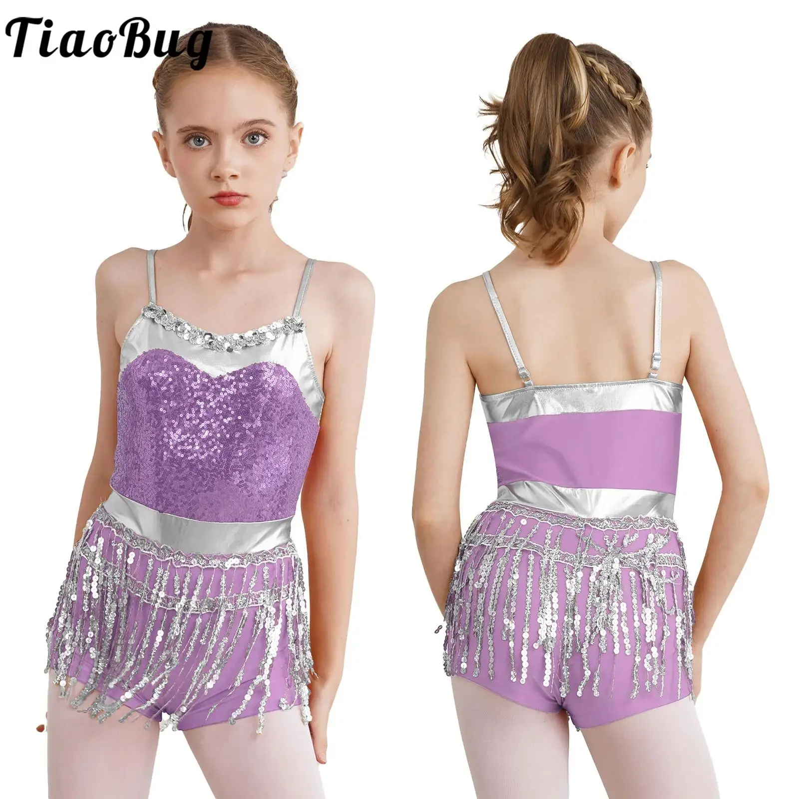 GirlsShinySequinTasselLatinJazzDanceBoyshortsBodysuitCostume