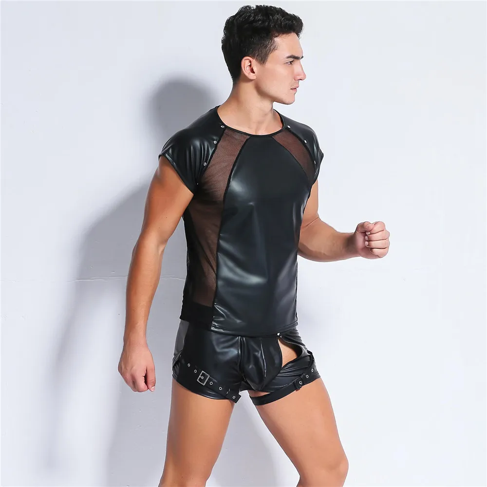 PU Leather T Shirts Men Sexy Fitness Tops Gay T-shirt Tees Mens Stage Transparent Mesh T-shirt O-Neck Sexy Men Casual Clothes