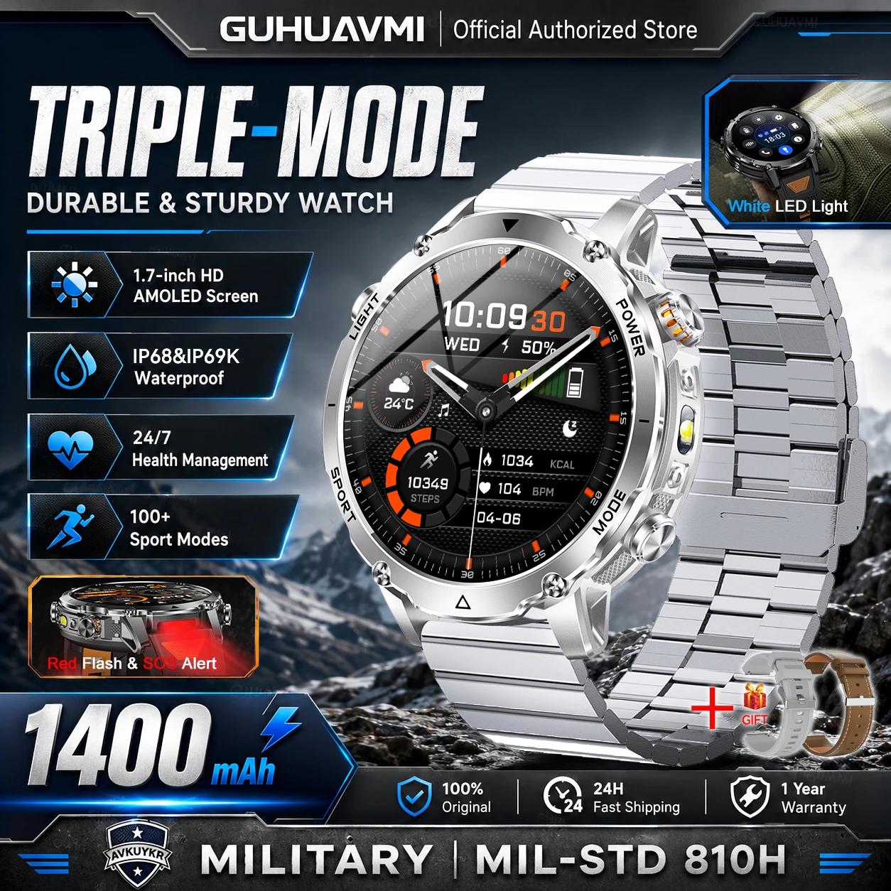 Outdoor Smart Watch for Men with 1400mAh Battery, GPS, Flashlight, 1.7 AMOLED Display, Bluetooth Calling, and Waterproof Design