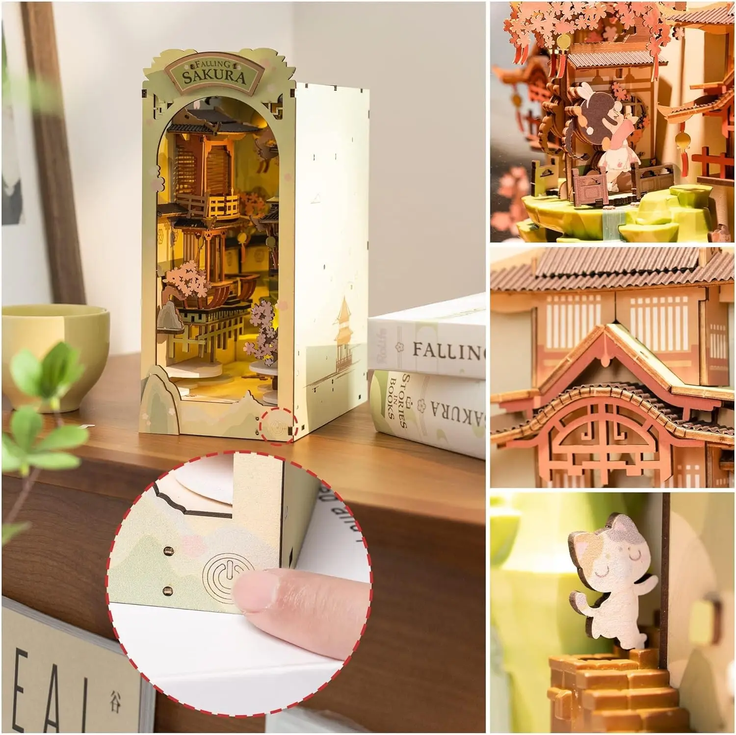 Robotime Rolife Falling Sakur Book Nook DIY Dollhouse Bookend Model Kit with LED Light Wooden Puzzle for Bookshelf Decor - TGB05 3