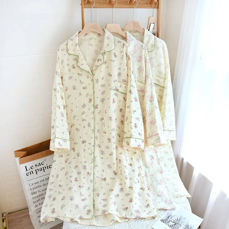 

Cotton Short Sleeved Lapel Cardigan Spring Summer Loose Home Dress Casual Women Nightgowns New Printed Ladies Nightshirt