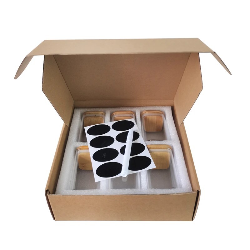 Square Glass Storage Jars with Bamboo Cover, Sealed Glass Bottle, Kitchen Seasoning Pot, 250ml, 6 Units 4