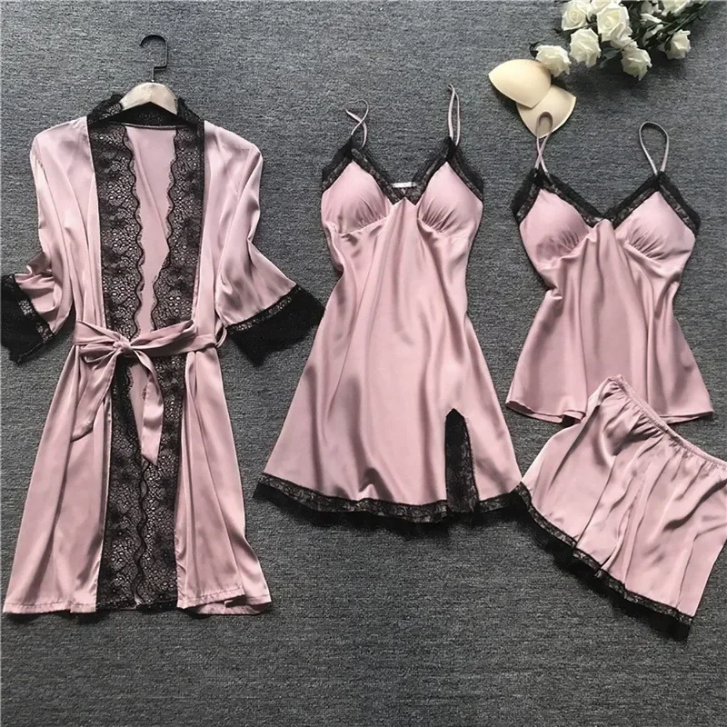 2024 New Women Pajamas Sets Satin Sleepwear Silk 4 Pieces Nightwear Pyjama Strap Lace Sleep Lounge Pajama with Chest Pads Drop