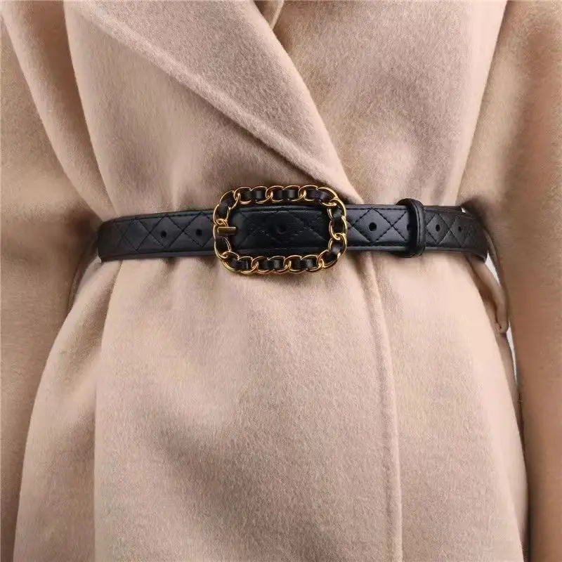 Women's Genuine Leather Korean Style Small Fresh Simple Fashion Autumn and Winter Jacket Accessories Belt Check Ins Style