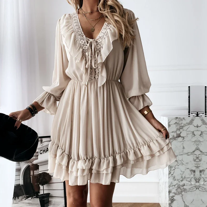 

Women Dress 2024 Spring Autumn Sexy Lace Mini Dress Elegant Long Sleeve Ruffle Chiffon Dress Vestidos Deep V Neck Ladies Clothes