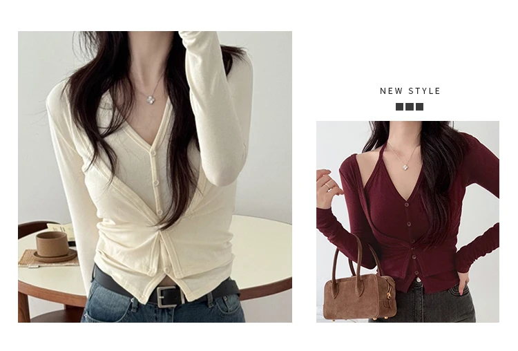 Sexy Hottie Slim Fit Vielseitige Elegante frauen Top Koreanische Dongdaemun Neckholder Langarm T-Shirt Frühling Neue Solide Stricken tees – Detail 2