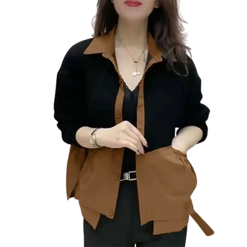 Elegant Fashion Harajuku Slim Fit Female Clothes Loose Casual All Match Outerwear Patchwork Button Cardigan Long Sleeve Tops