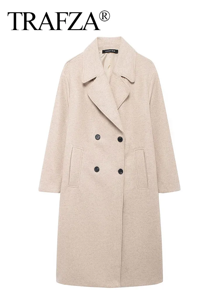 TRAFZA 2024 Autumn New Women Loose Coat Lapel Double Breasted Long Sleeve Jacket Winter Warm Thick Vintage Solid Trench Outwear 5