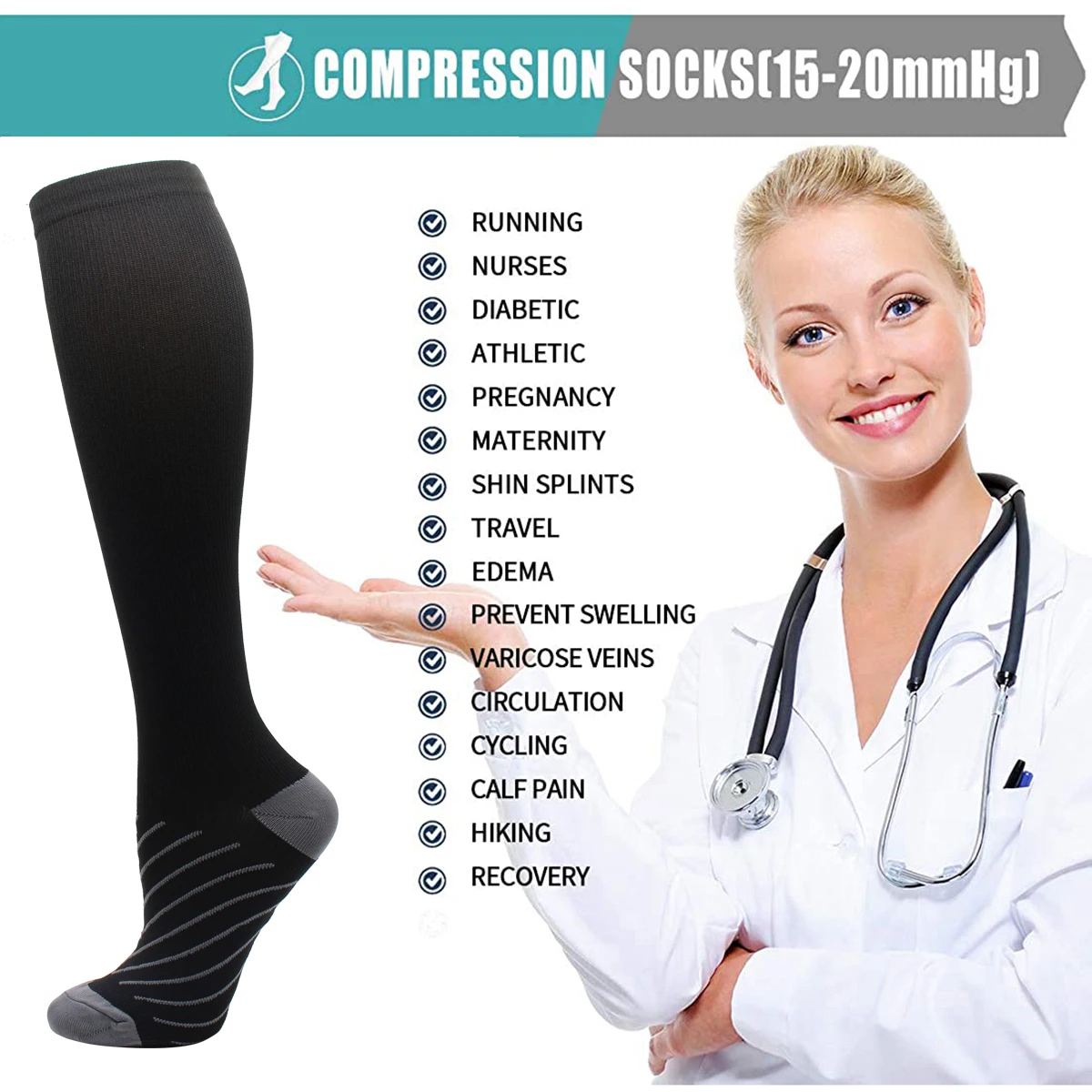 Compression Socks 6 Pairs Men Women 15-20mmHg