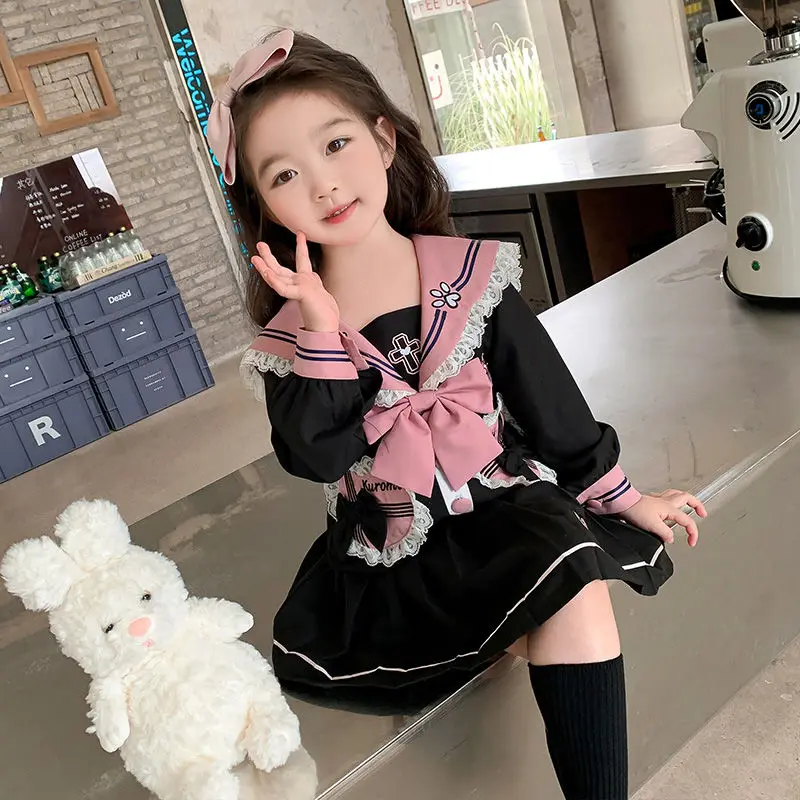 

New Sanrios Kuromi Girl Fashion Long Sleeved T-Shirt Pleated Skirt Y2K Navy Blue Collar Cardigan Two-Piece Set Cute Kids Clothes