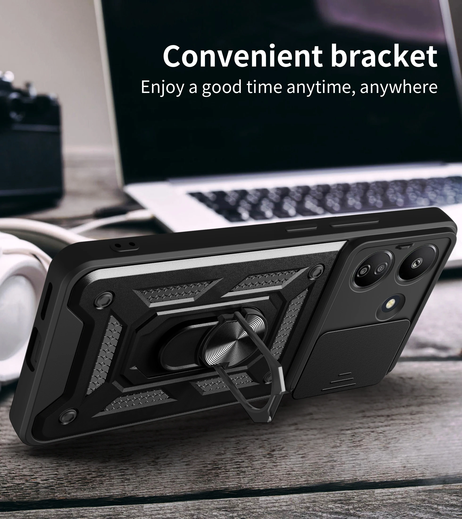 Shockproof Slide Lens Protector Phone Case with Ring Holder and Coque s