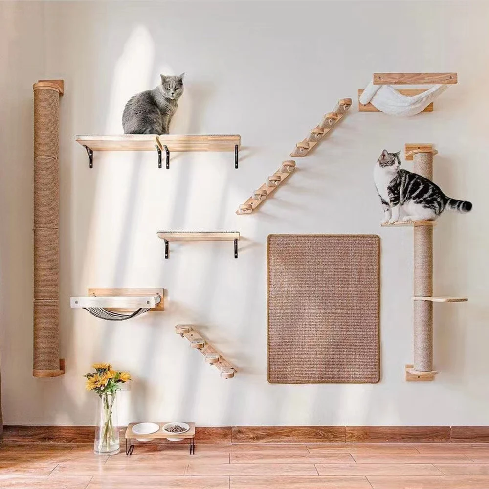 katzen-wand-kletter-regale-wand-h-ngematte-katze-kratz-baum-holztreppe