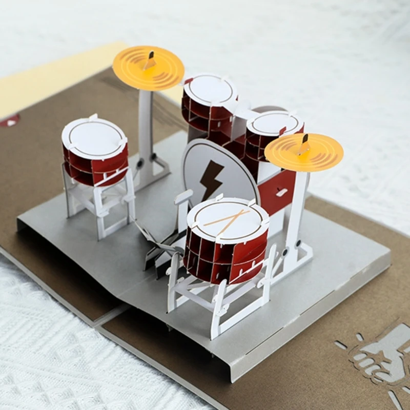 3D Instrument Drum Greeting Card with Envelope Surprise Mysterious Paper Cards for Children Kids Girl Boy