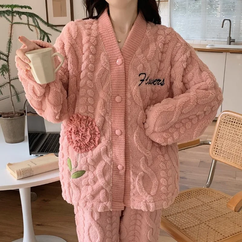 Coral Fleece Pajama Sets Women Winter Warm Sleepwear Long Sleeve Trouser Pajamas Flannel Thick Homewear Korean Kawaii Clothes