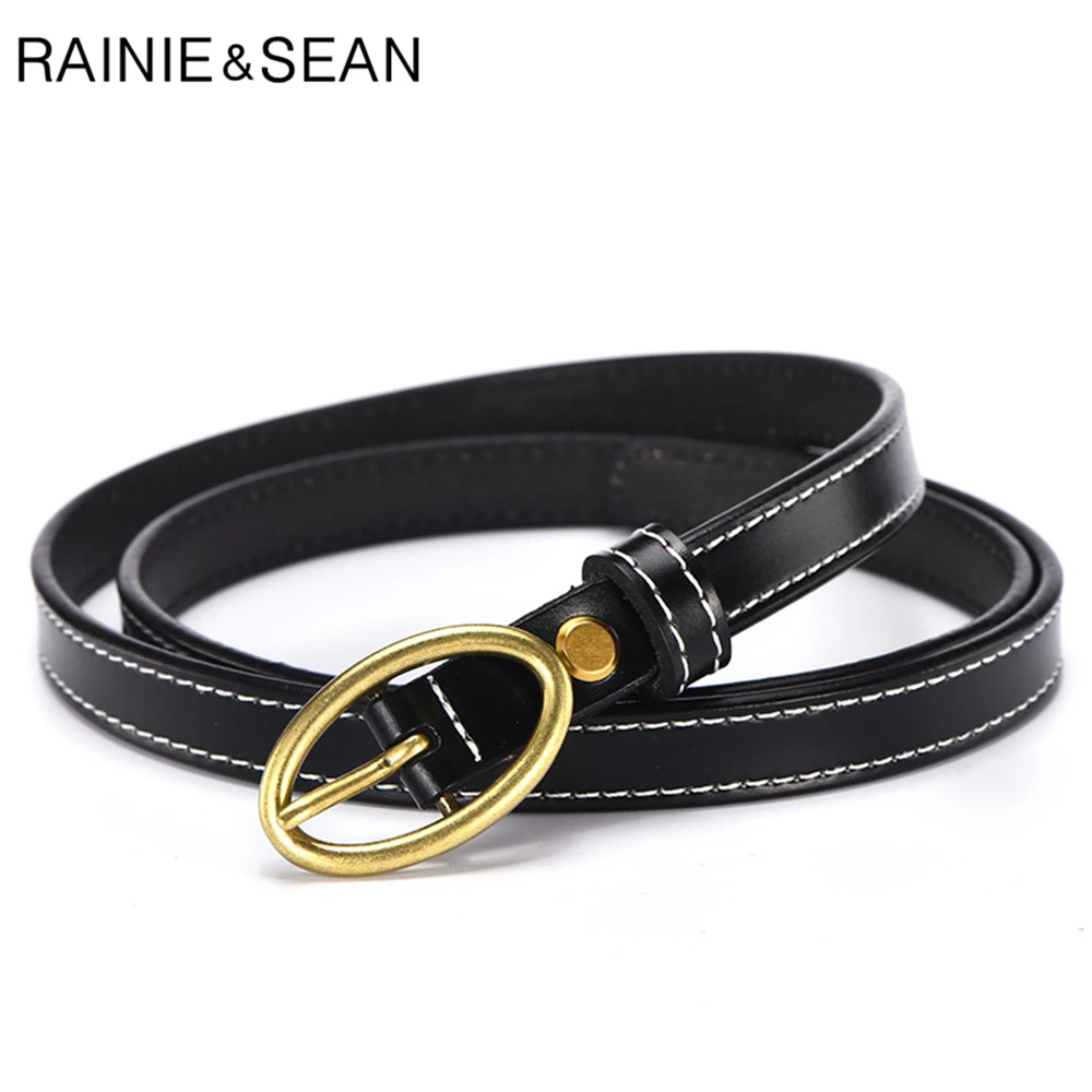RAINIE SEAN Real Leather Women Belt Pin Buckle Waist Belt for Trousers Cowskin Genuine Leather Black Ladies Strap Accessories