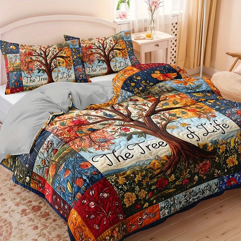 Life Tree Country Style Quilted Duvet Cover Set 2/3pcs HD Print All-Season Comforter with 1 Duvet Cover + 1/2 Pillowcases