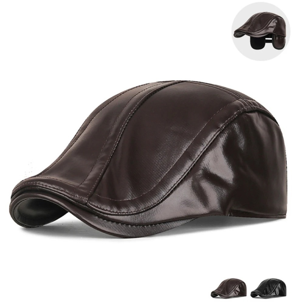 HT4925 Herren Baskenmütze Neue Dicke Warme Wintermütze Männer Fleece Gefüttert Earflap Cap Retro Künstler Maler Baskenmütze Hut Papa PU Leder Baskenmütze Kappe – Detail 1