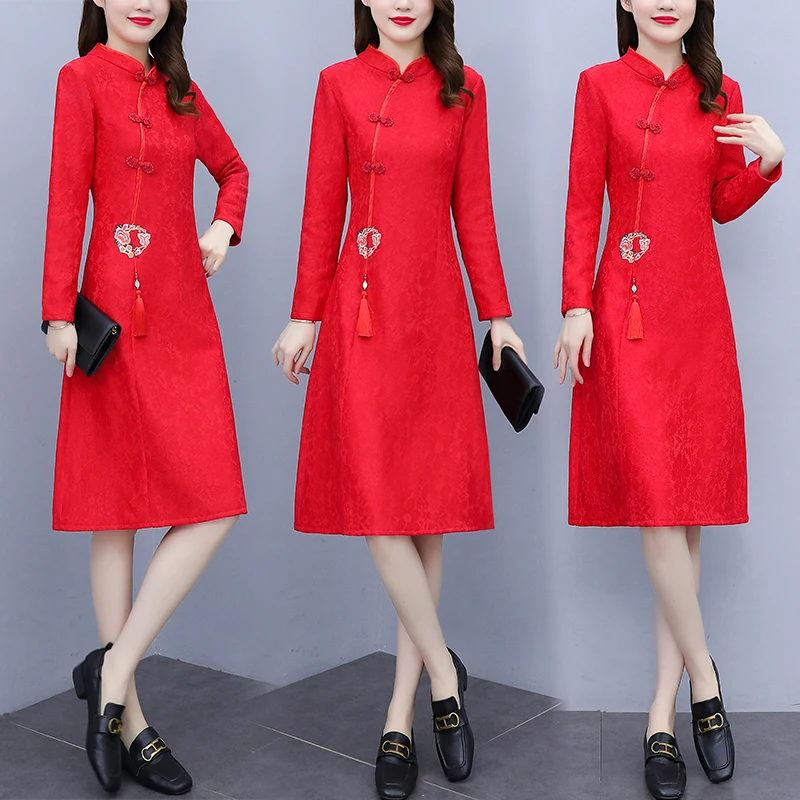Autumn Long Sleeve Retro Traditional Chinese New Year Red Evening Dresses Modern Improved Cheongsam Asian Clothing for Women