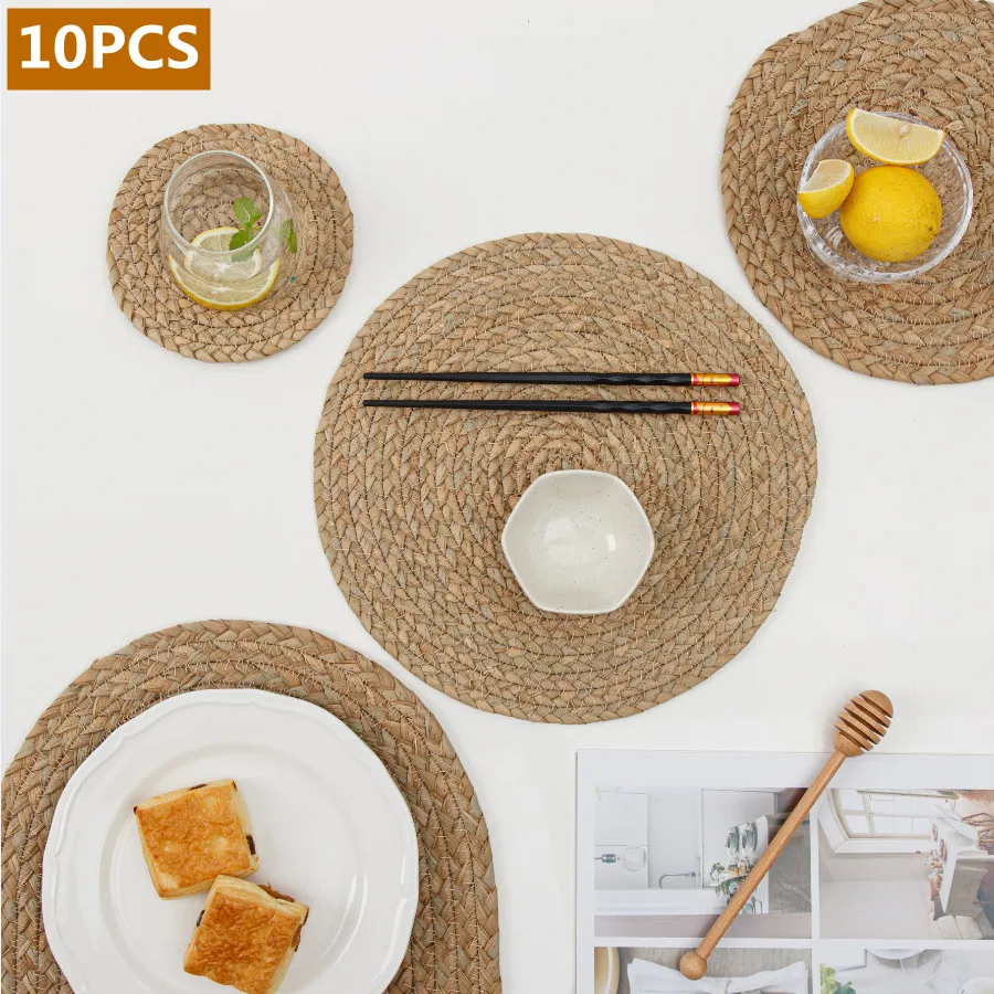 10pcs Placemat DiningTable Mat handmade Round Woven Rattan Cucurbit, Water Gourd hyacinth Placemat Round Pad Straw Cup Coaster