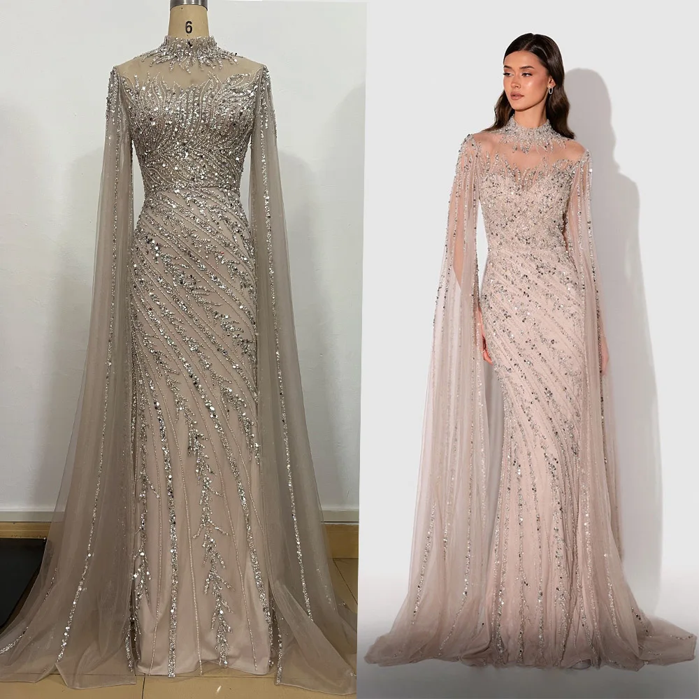 

YQLNNE Luxury Nude Handmade Crystals Evening Dress With Sleeves Long Mermaid High Collar Tulle Beaded Formal Gowns