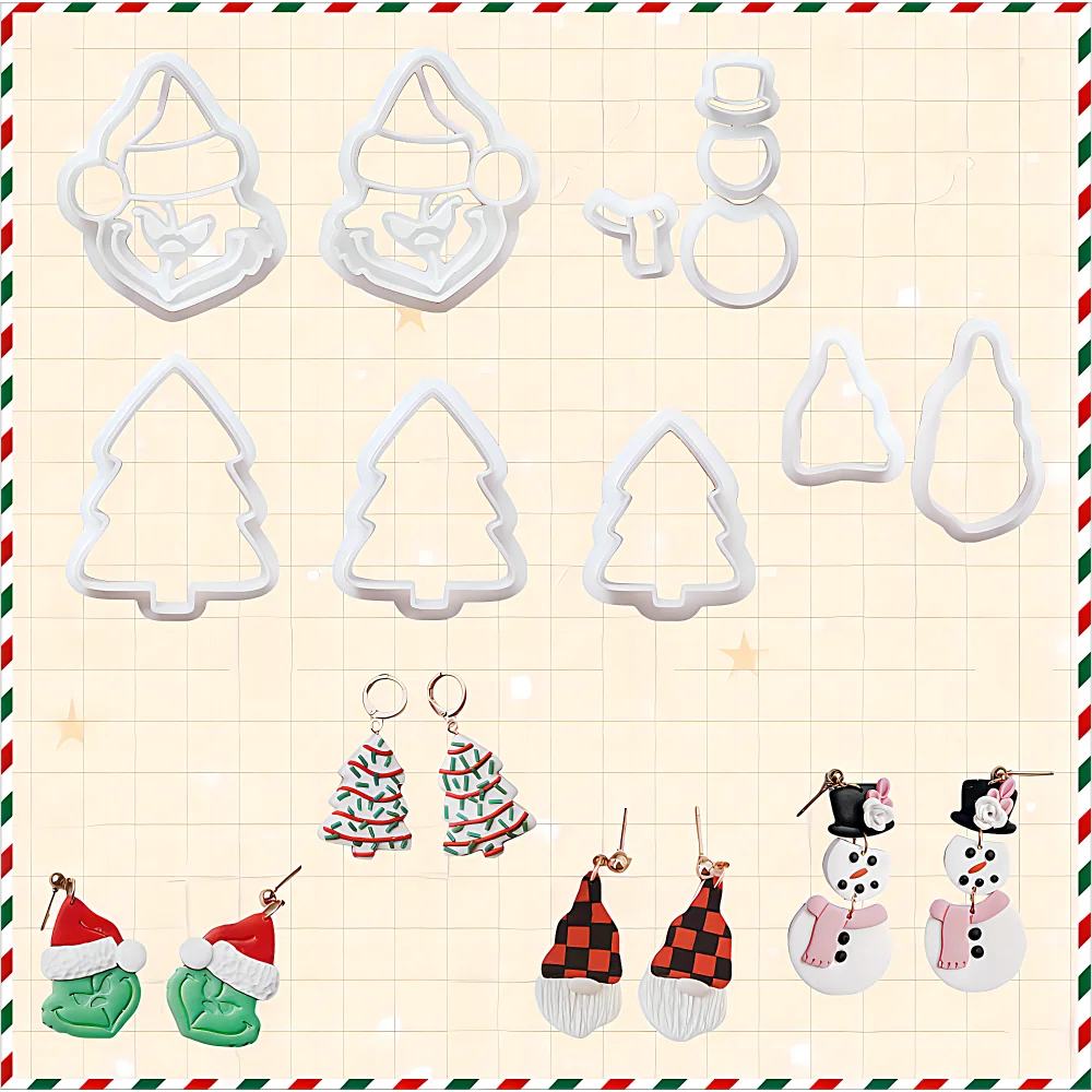 

Winter Christmas Snowman Christmas Tree Set Shape Mold Soft Clay DIY Earrings Earnail Cutting Mold Set Cutting Mold