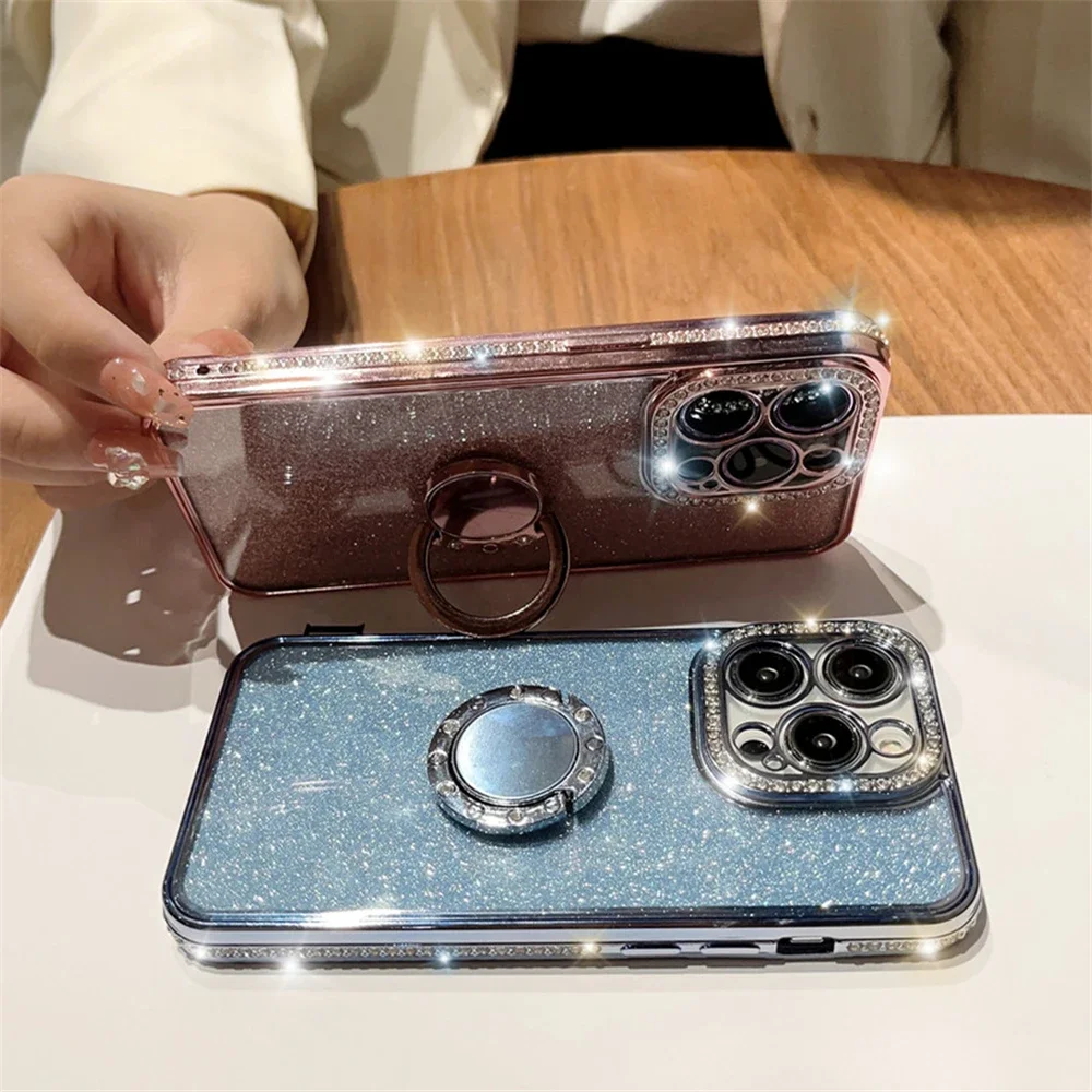 Luxury Plated Sequin Rhinestone Ring Stand Clear Phone Case For iPhone 15 14 13 11 12 Pro Max 7 8 Plus Soft Silicone Case
