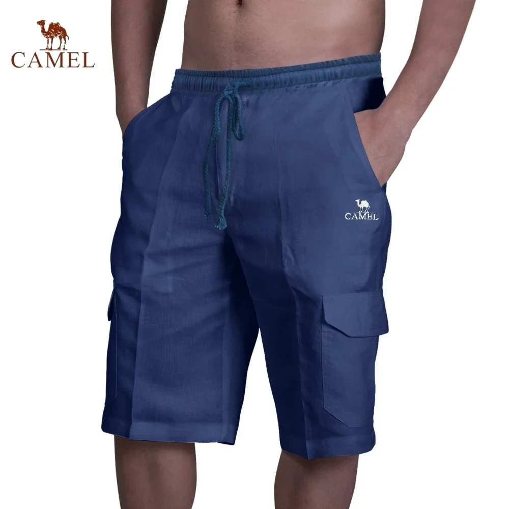New Embroidered CAMEL Pure Cotton Linen Work Shorts Summer Men's Fashion Casual Multi Pocket Breathable Beach Swimming Pants