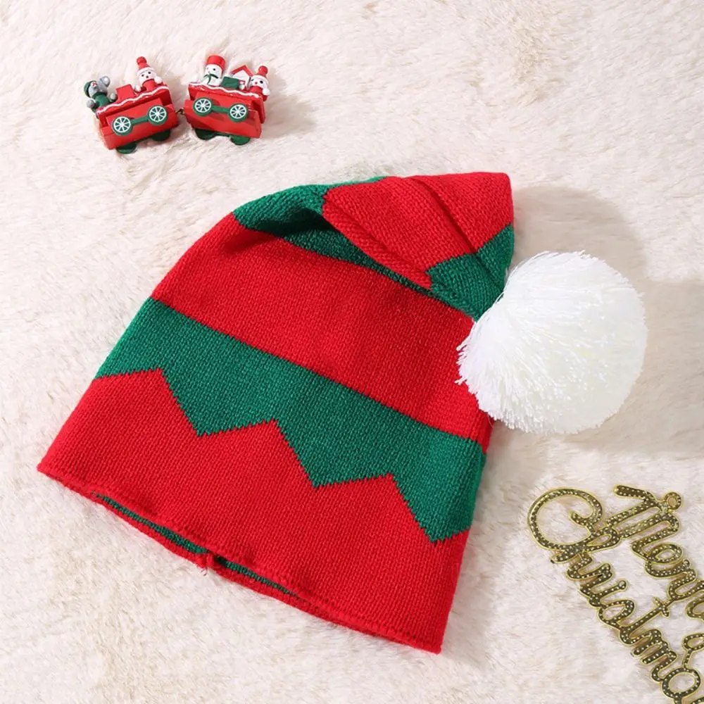 Cloth Accessories Knitted Christmas Hat Cute Cartoon Strip Santa Hat Muffler Knitting Plush Ball Soft Beanie Women