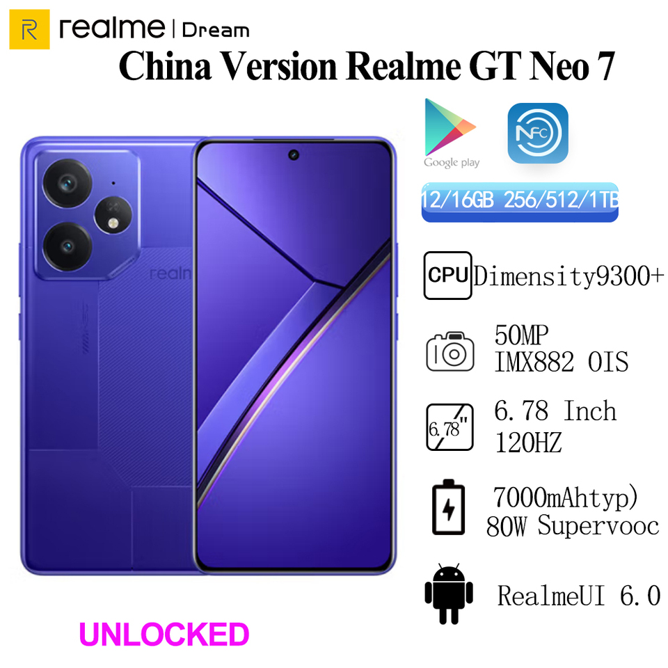 Official Realme GT Neo 7 80W Supervooc 7000mAh 50MP IMX882 6.78Inch Dimensity 9300+ IP69 Unlocked Sim Network Region OTA Update