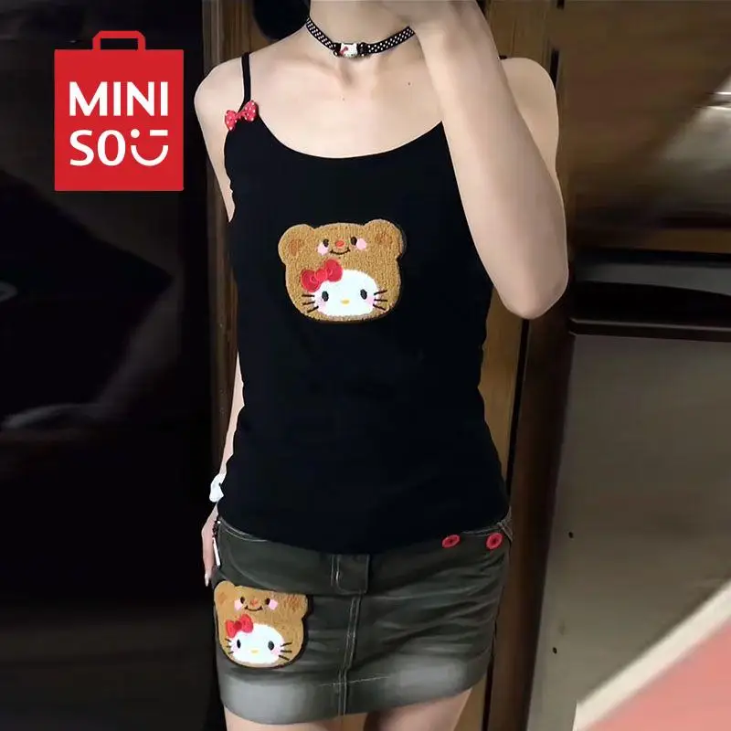 

MINISO Hello Kitty Bear Embroidered Tank Top with Straps Kawaii Sanrio Y2K Spicy Girl Summer New Sleeveless Short Top Gifts