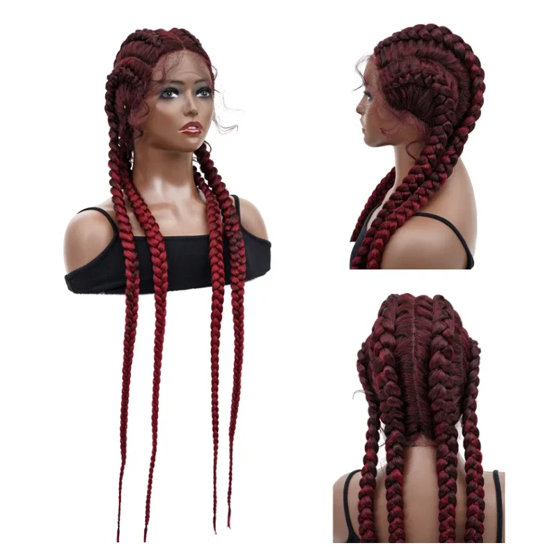 36-inch synthetic lace front wig braided wig lace front Dutch quadruplets Cornrows braid with baby hair for black women.