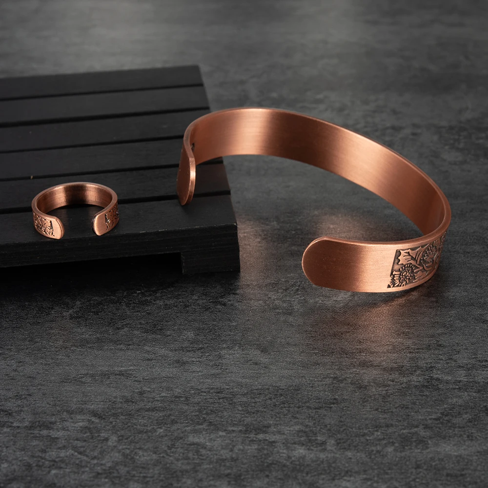 Meathly Magnetic Pure Copper Jewelry-Set Chrysanthemum Adjustable Bracelet Ring Resizable Health Arthritis Jewelry Set for Women Men_voghion.com