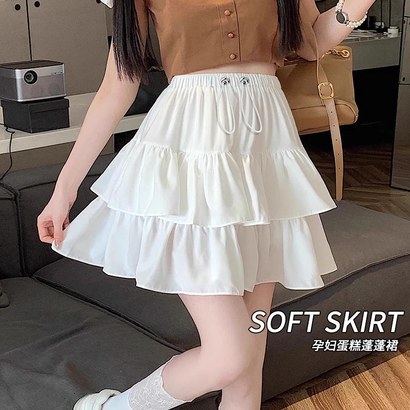 Summer Sweet Pregnant Woman Cake Skirts with Lining Drawstring Waist Ruffles Patchwork Fashion Maternity Ball Gown Skirt