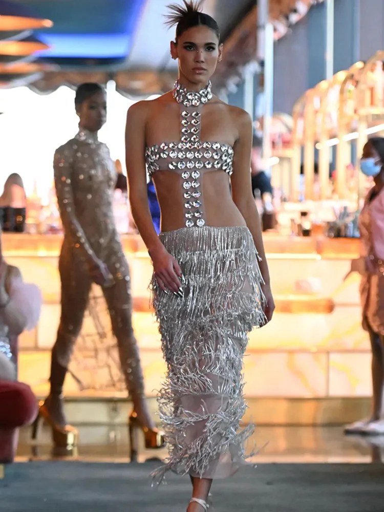 

Women Summer Luxury Sexy Halter Studded Mesh Sequins Tassel Sequins Ankle Length Gowns Dress Elegant Evening Party Club Dress