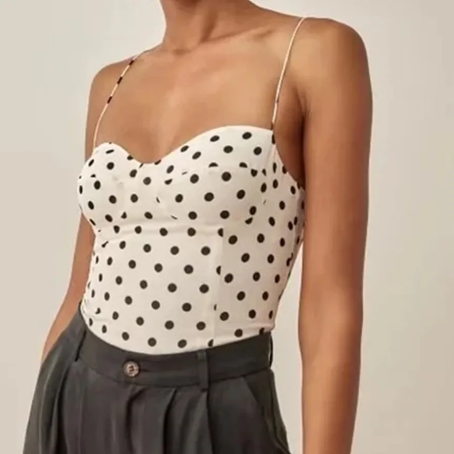 

Dave&Di Spaghetti Strap Sexy Short Camisole Fashion Beach Summer T Shirt Women France Style Retro Polka Dot Print Tops
