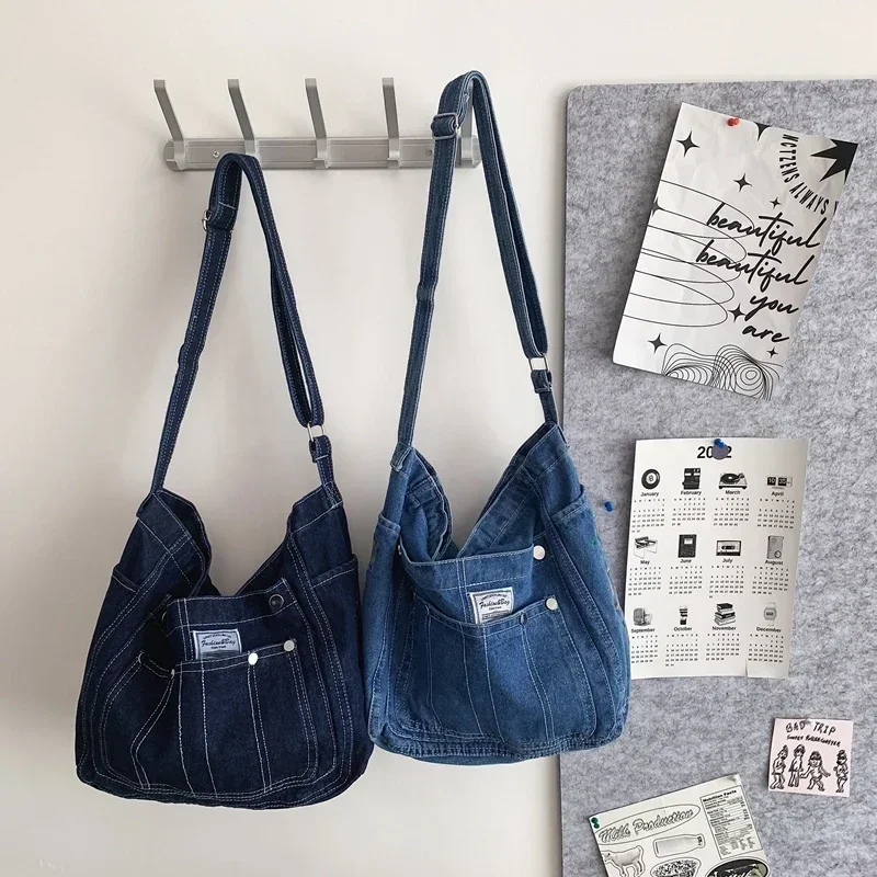 

Washed Denim Tote Bags For Women Shoulder Book Bag Blue Jean Star Embroidery Multi-pocket Big Capacity Shopper Messenger Y2K Bag