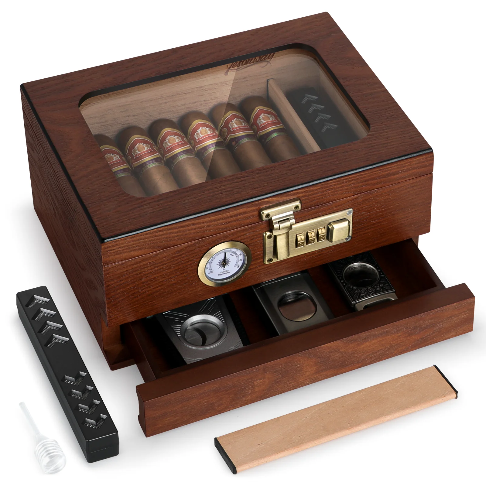 Cigar Humidor Cedar Wood Humidor Cigar Box Glass Top Desktop Humidor with Front Hygrometer Humidifier Divider Accessories Drawer