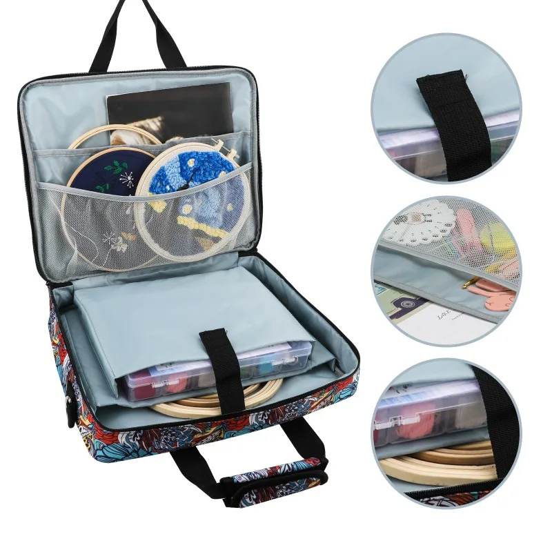 Oxford Fabric Cross Stitch Thread Organizer, Embroidery Tools Storage Bag with Single Layer Pockets for Travel & Craft Supplies