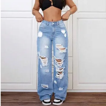 Pantalon pour femmes, jeans tendance bleu clair déchiré, coupe ample et décontractée, jambe large en denim