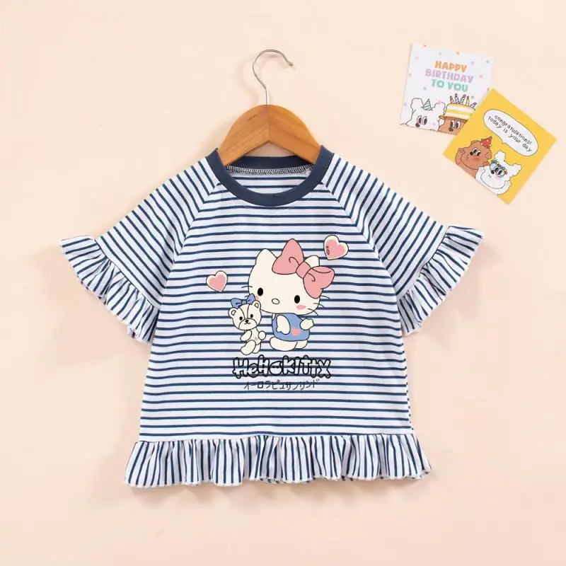 

Kawaii Sanrio, Hello Kitty аниме девушки с коротким рукавом Kuromi Полосатая юбка Топ My Melody Girl Heart Детская летняя одежда