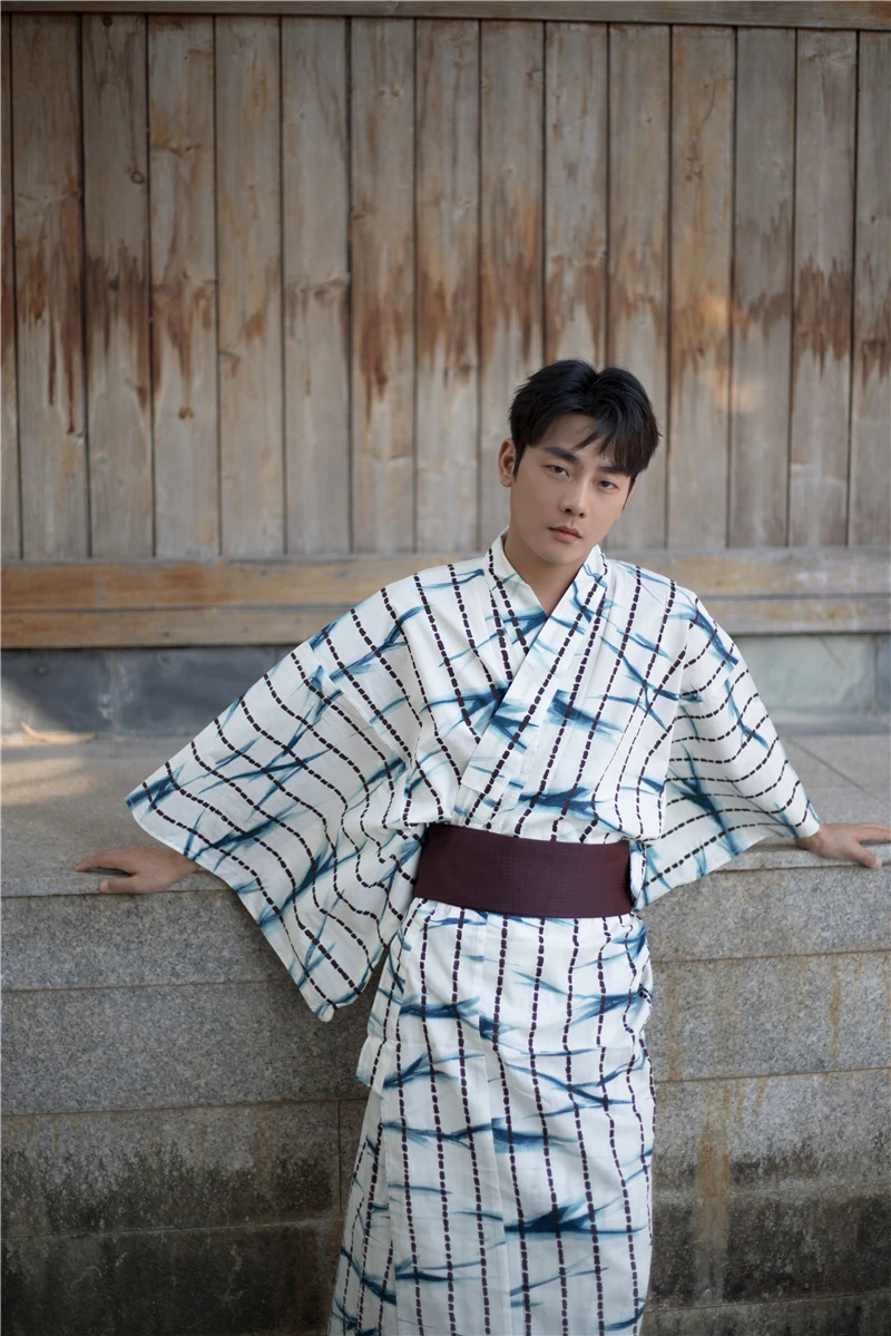 Japanese Men's Traditional Kimono With Belt Yukata Robe Formal Cotton Bathrobe Home Service Summer Clothing